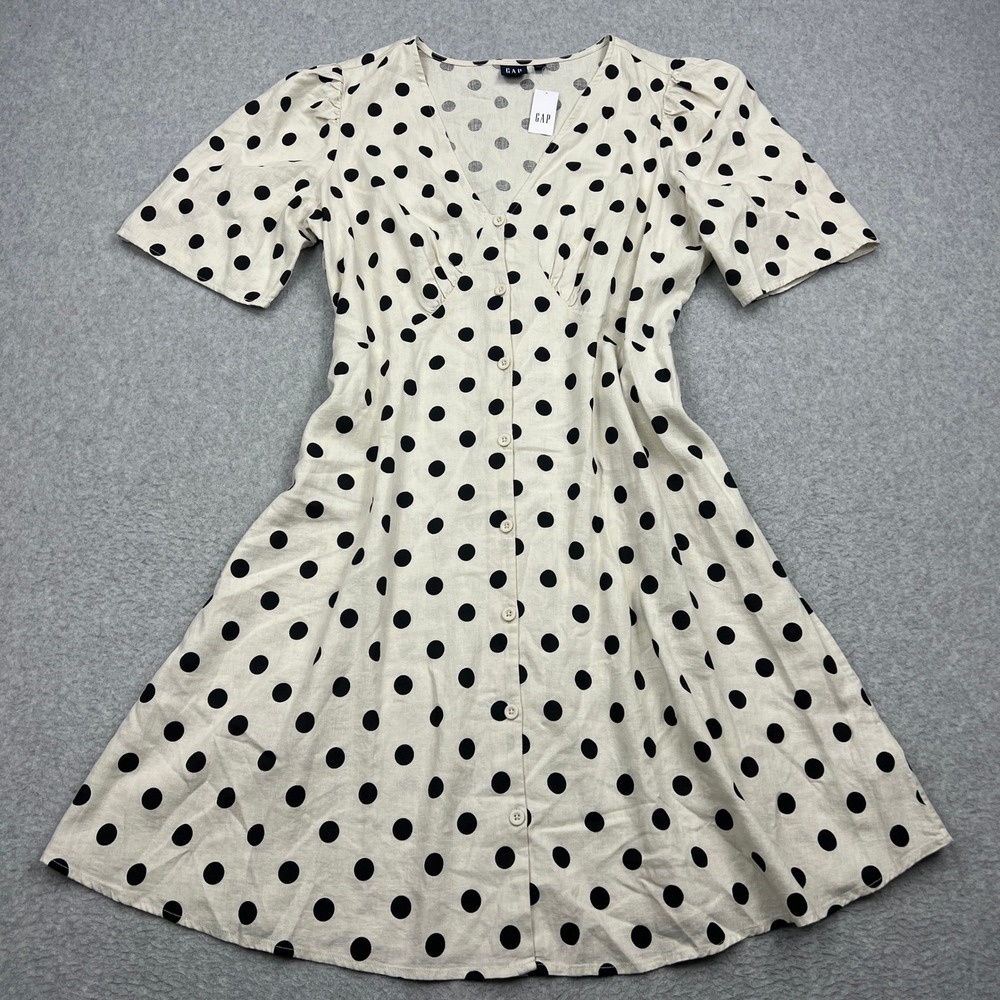 Gap Dress Women's XL Tall White Polka Dot Linen-Blend Button Front Mini V-Neck